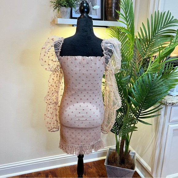Love Song Thinking About Her Tan Polka Dot Dress w/ Sheer Long Sleeves Large - Picture 8 of 8